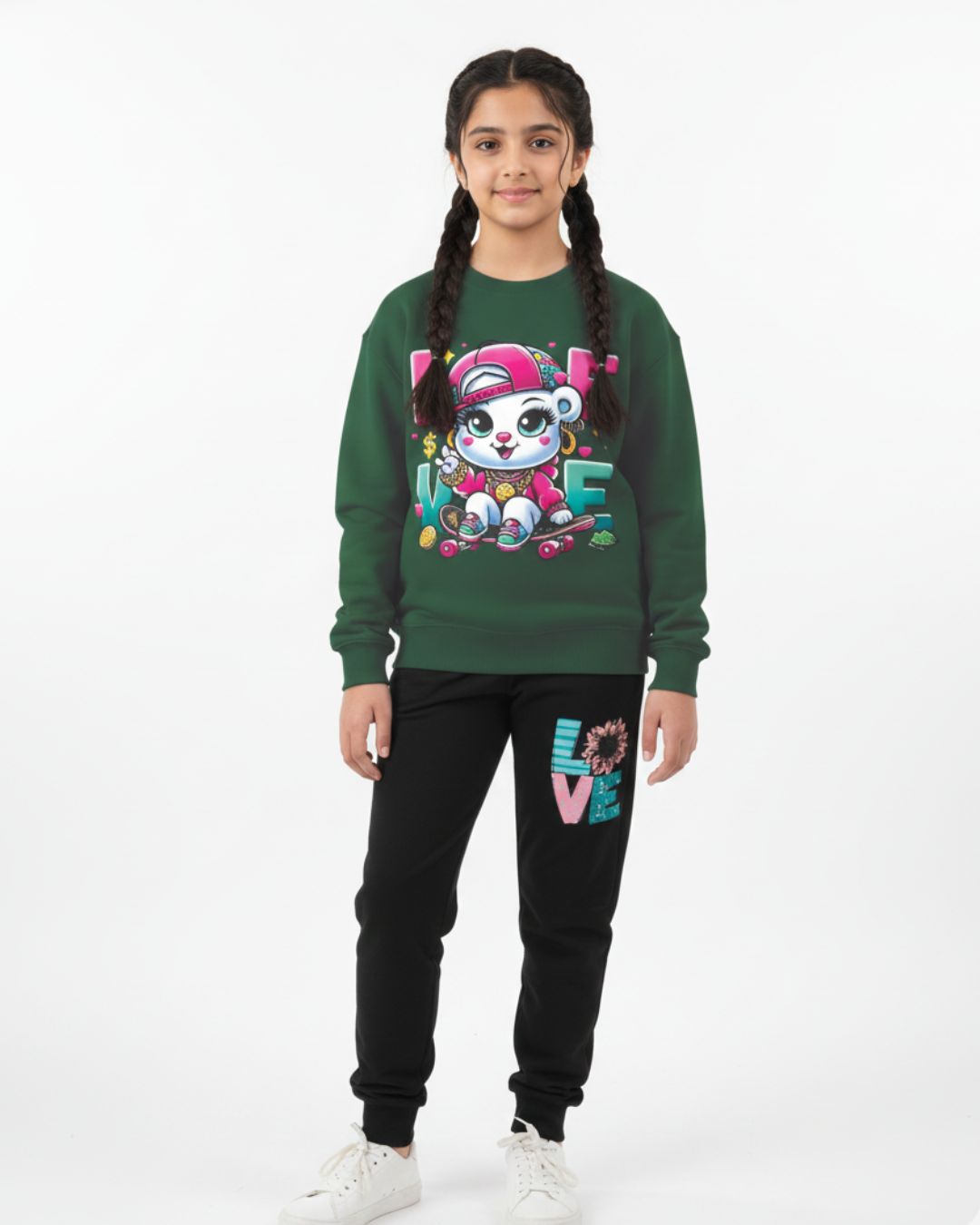 Green Love Cat Girls Black Trouser Set