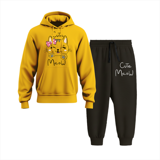 Meaww Cute Cat Hoodie Black Trouser Set