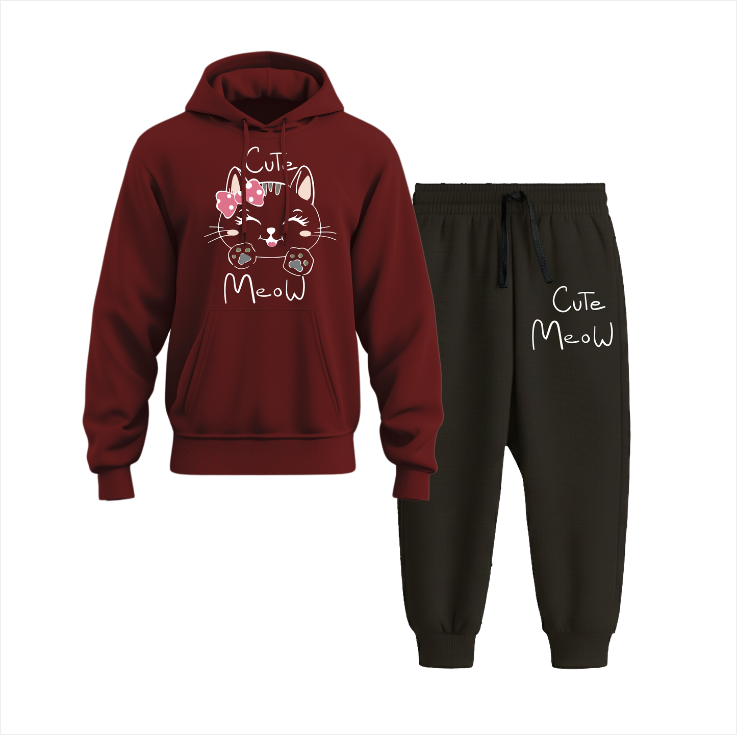 Meaww Cute Cat Hoodie Black Trouser Set