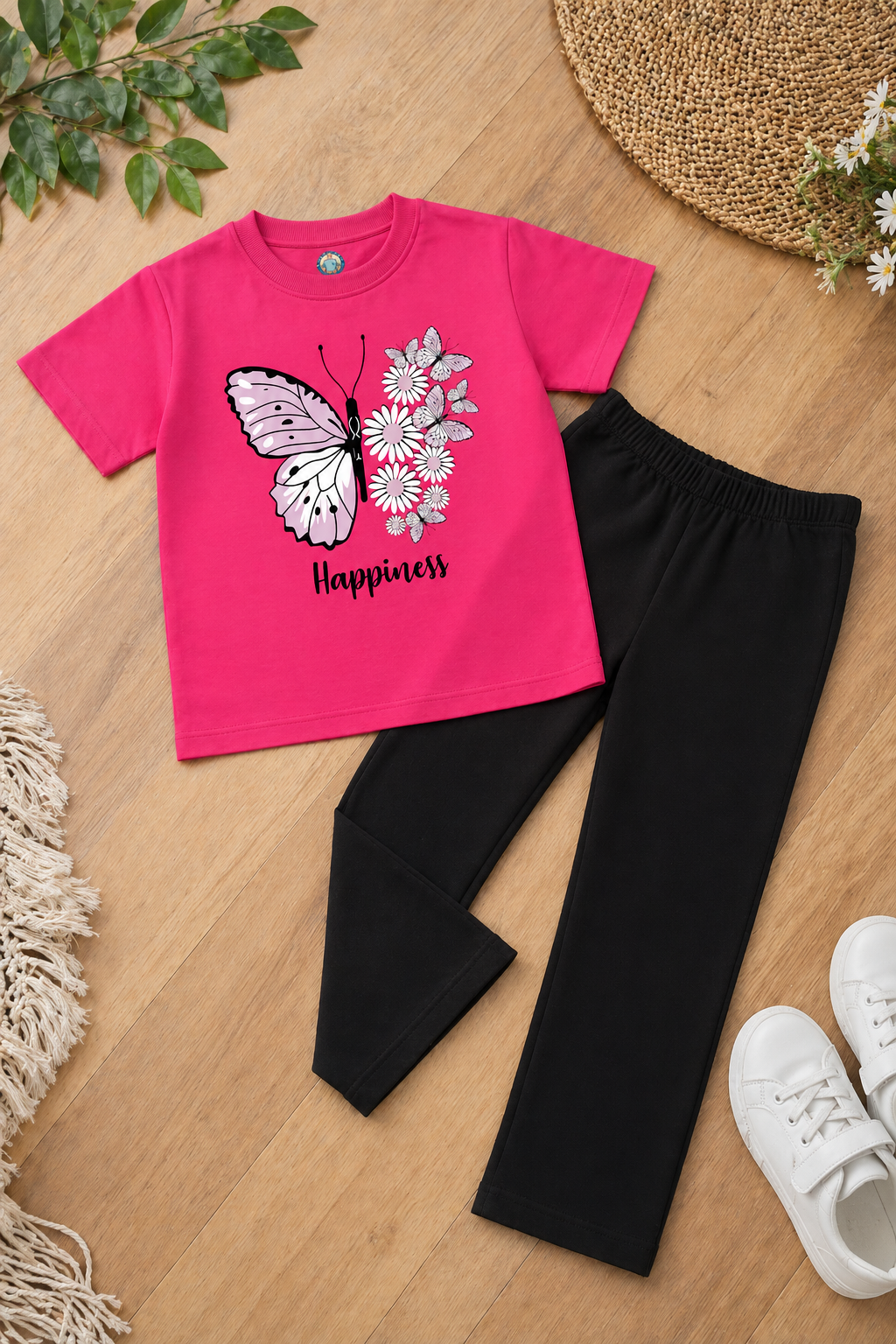 ButterFly Life Girls Cotton jersey Trouser Set Pink/Black
