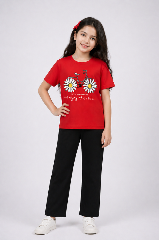 Floral Cycle Girls Trouser Set Red/Black