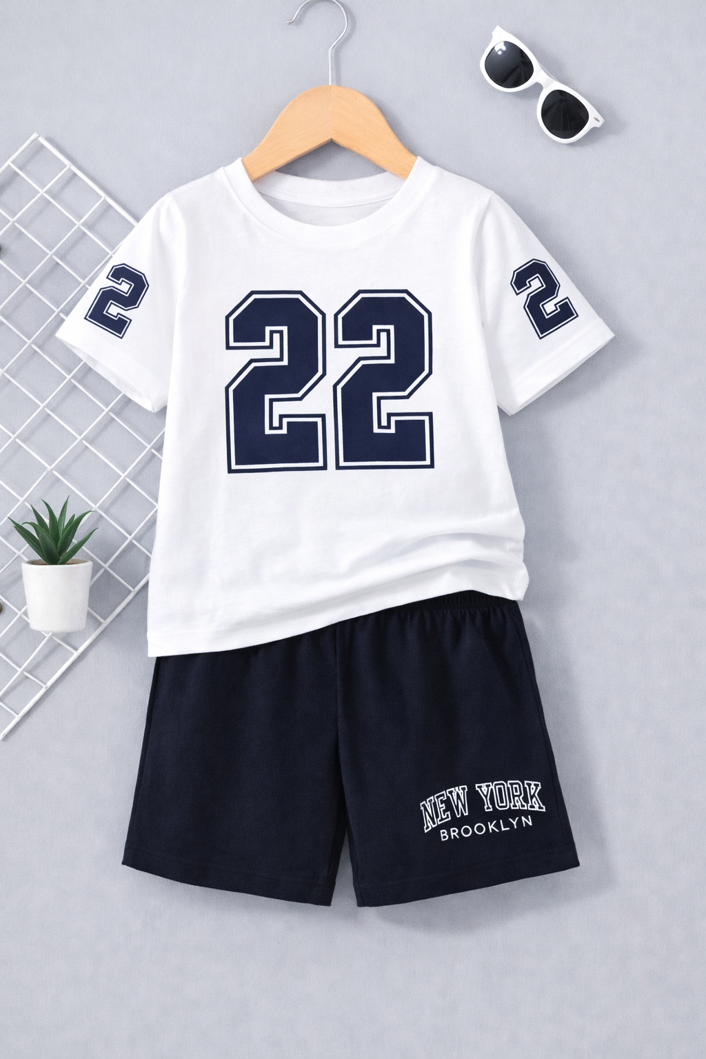 "22" Boys White & Navy Short Set