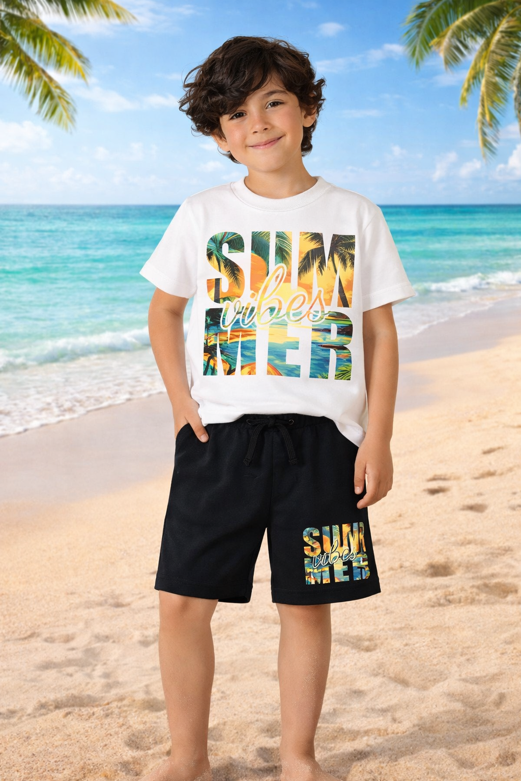 Summer Vibes Boys White & Black Short Set