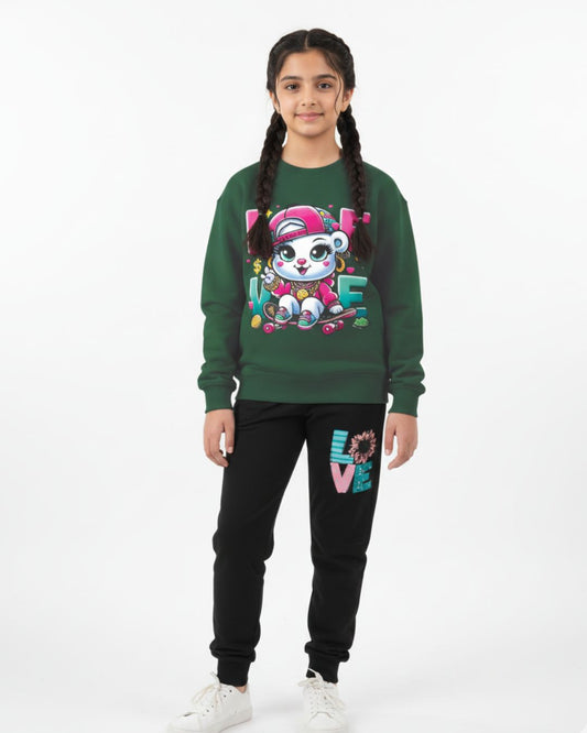 Green Love Cat Girls Black Trouser Set