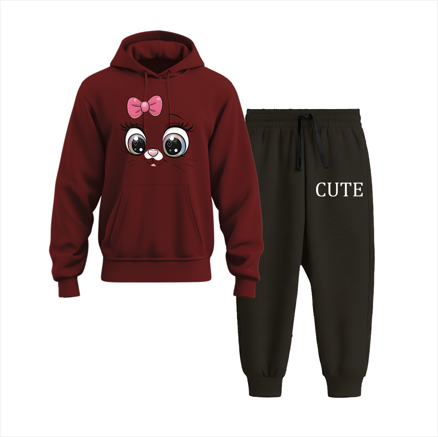 Cute Cat Hoodie Black Trouser Set