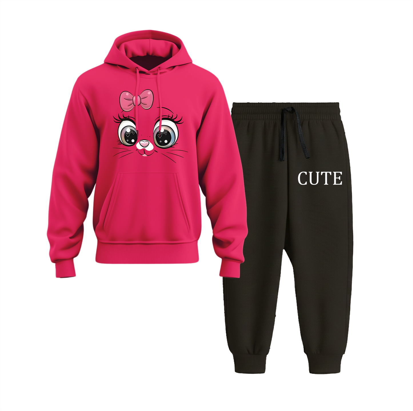 Cute Cat Hoodie Black Trouser Set