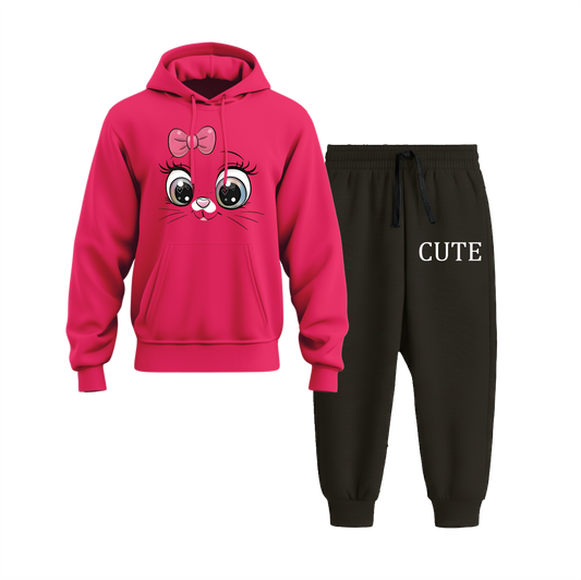 Cute Cat Hoodie Black Trouser Set