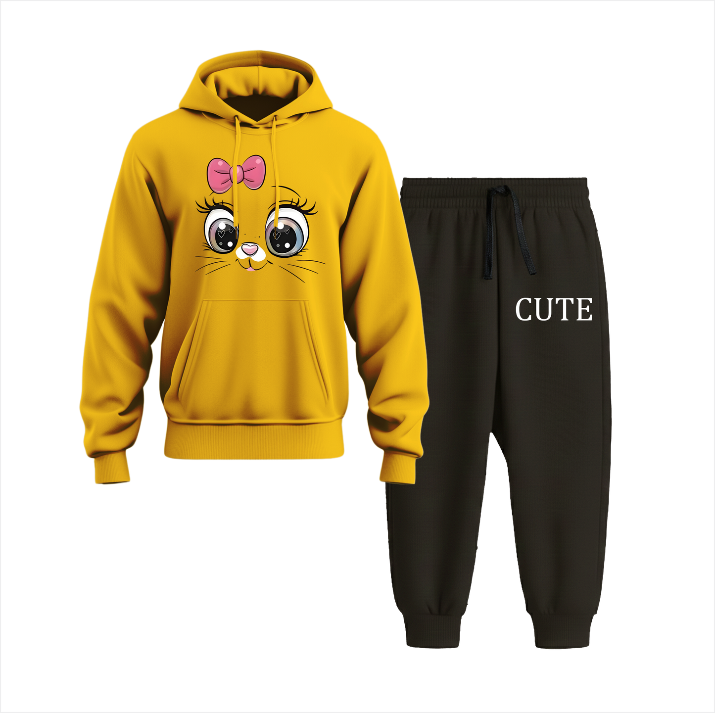Cute Cat Hoodie Black Trouser Set