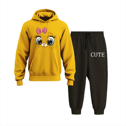 Cute Cat Hoodie Black Trouser Set