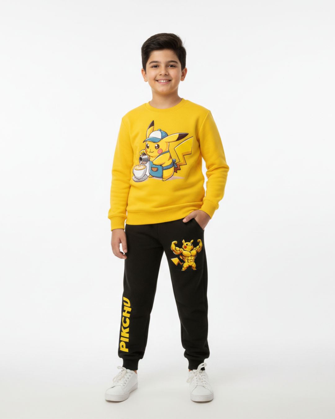 Yellow Pickachu Boys Black Trouser Set