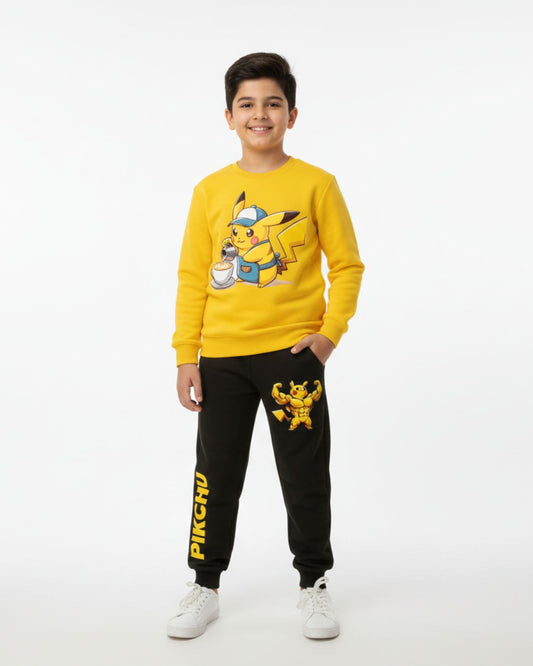 Yellow Pickachu Boys Black Trouser Set