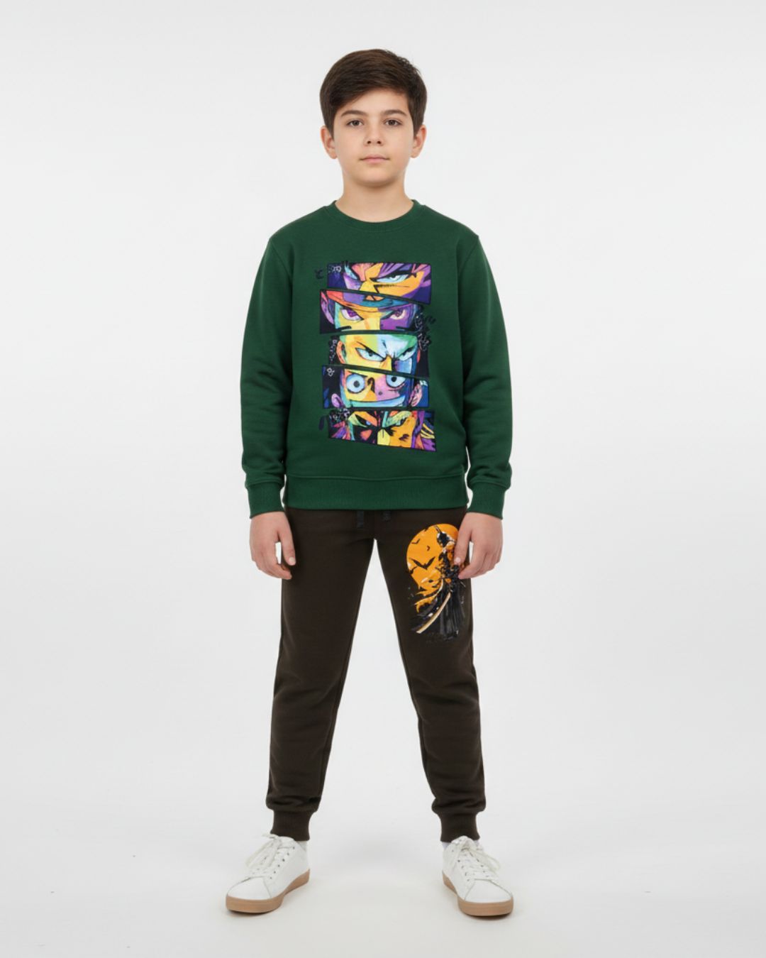 Green Anime Eyes Boys Black Trouser Set