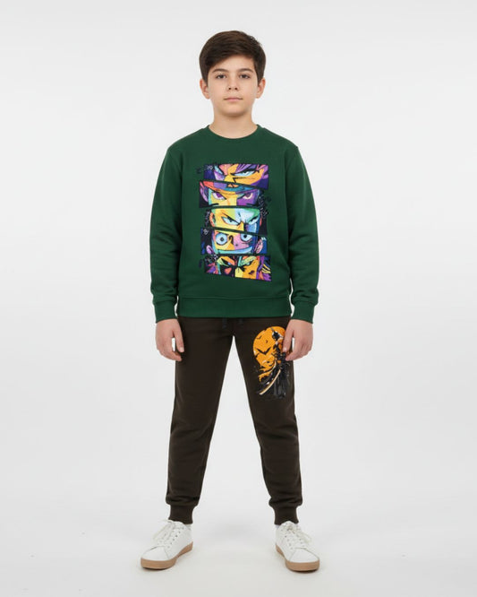 Green Anime Eyes Boys Black Trouser Set