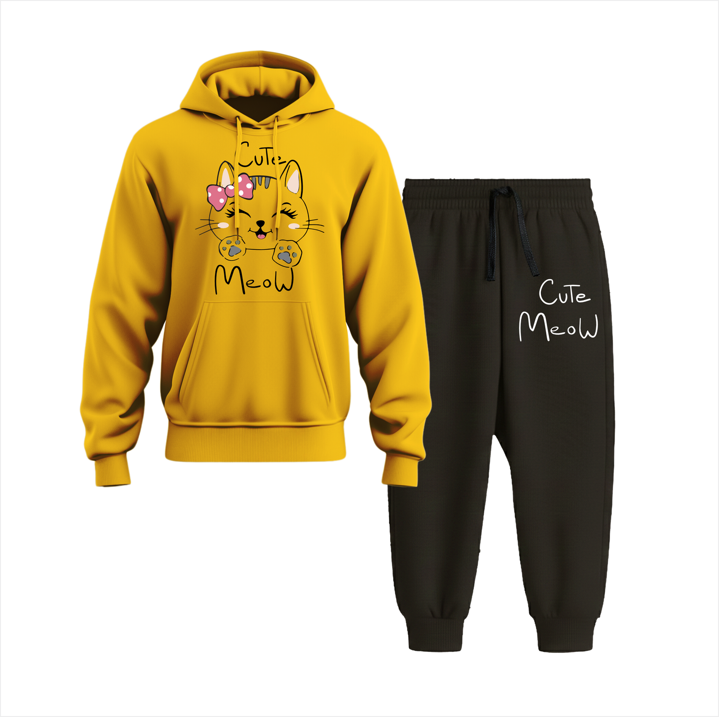 Meaww Cute Cat Hoodie Black Trouser Set