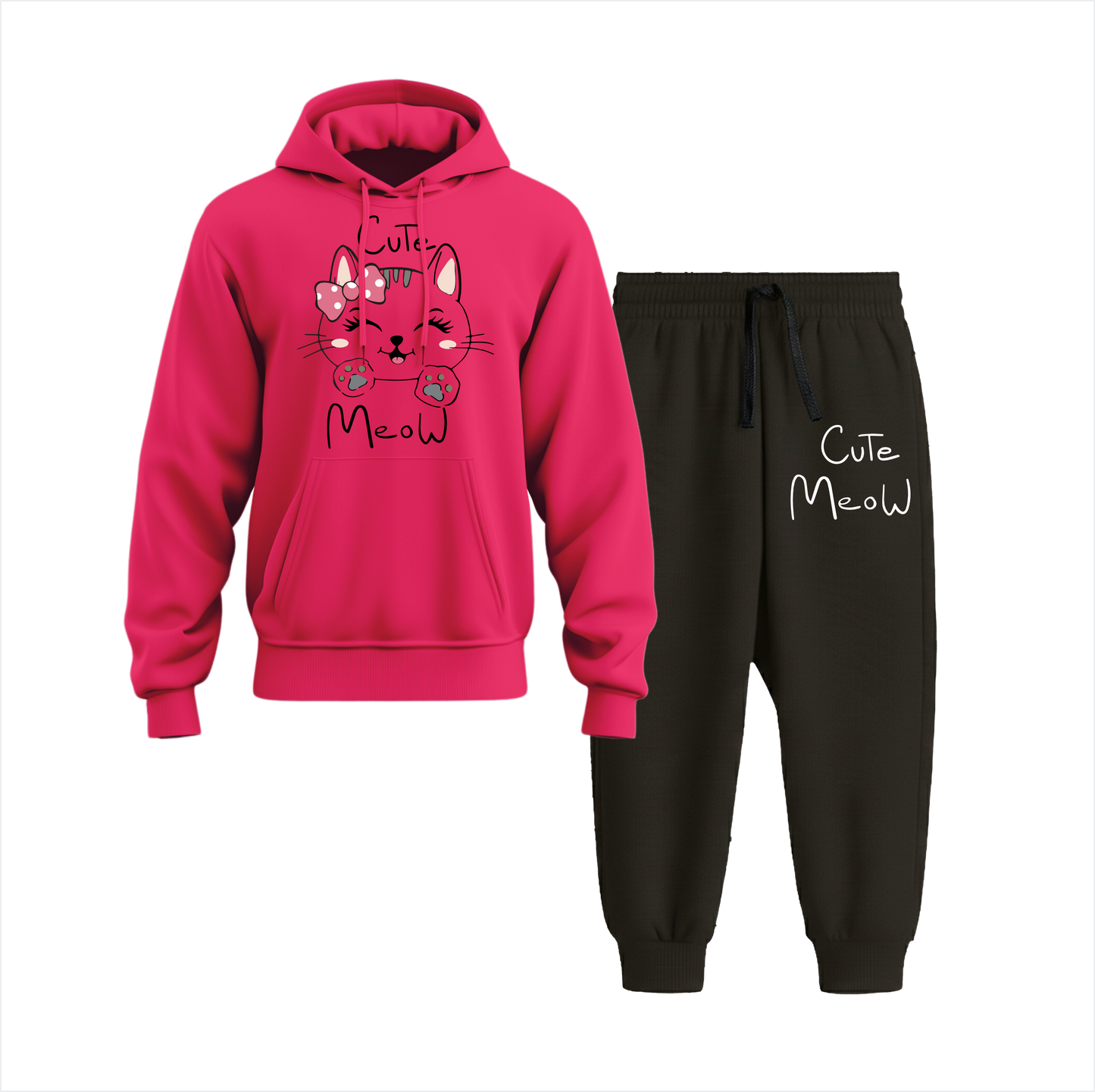 Meaww Cute Cat Hoodie Black Trouser Set