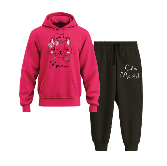 Meaww Cute Cat Hoodie Black Trouser Set