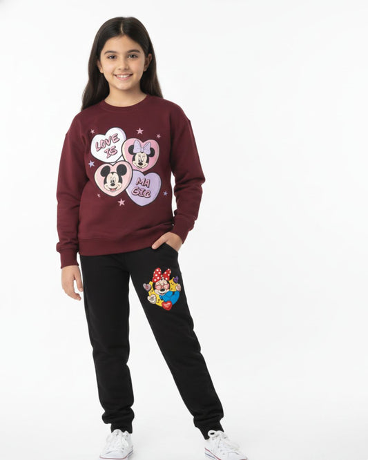 Maroon Mini & Mickey Heart Black Trouser Set