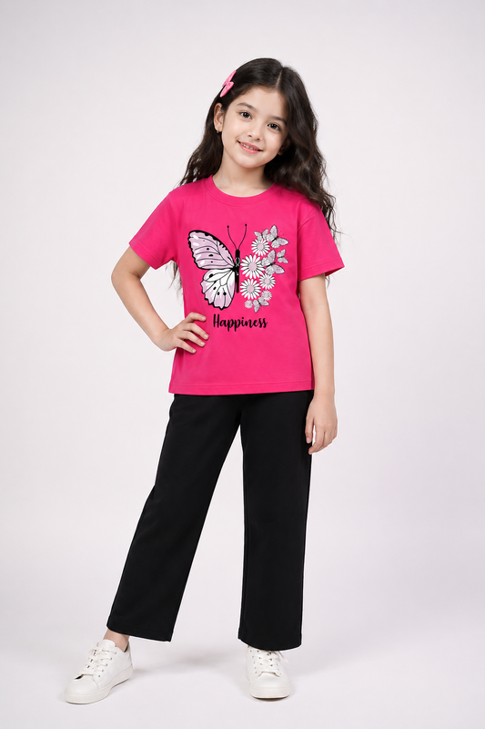 ButterFly Life Girls Cotton jersey Trouser Set Pink/Black