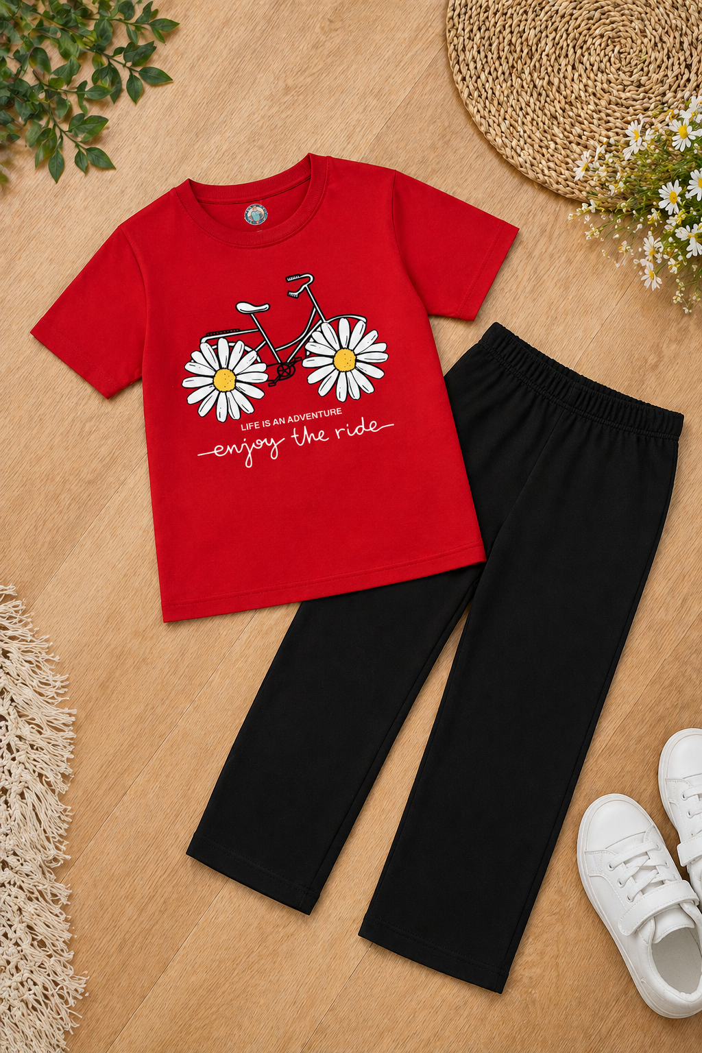 Floral Cycle Girls Trouser Set Red/Black