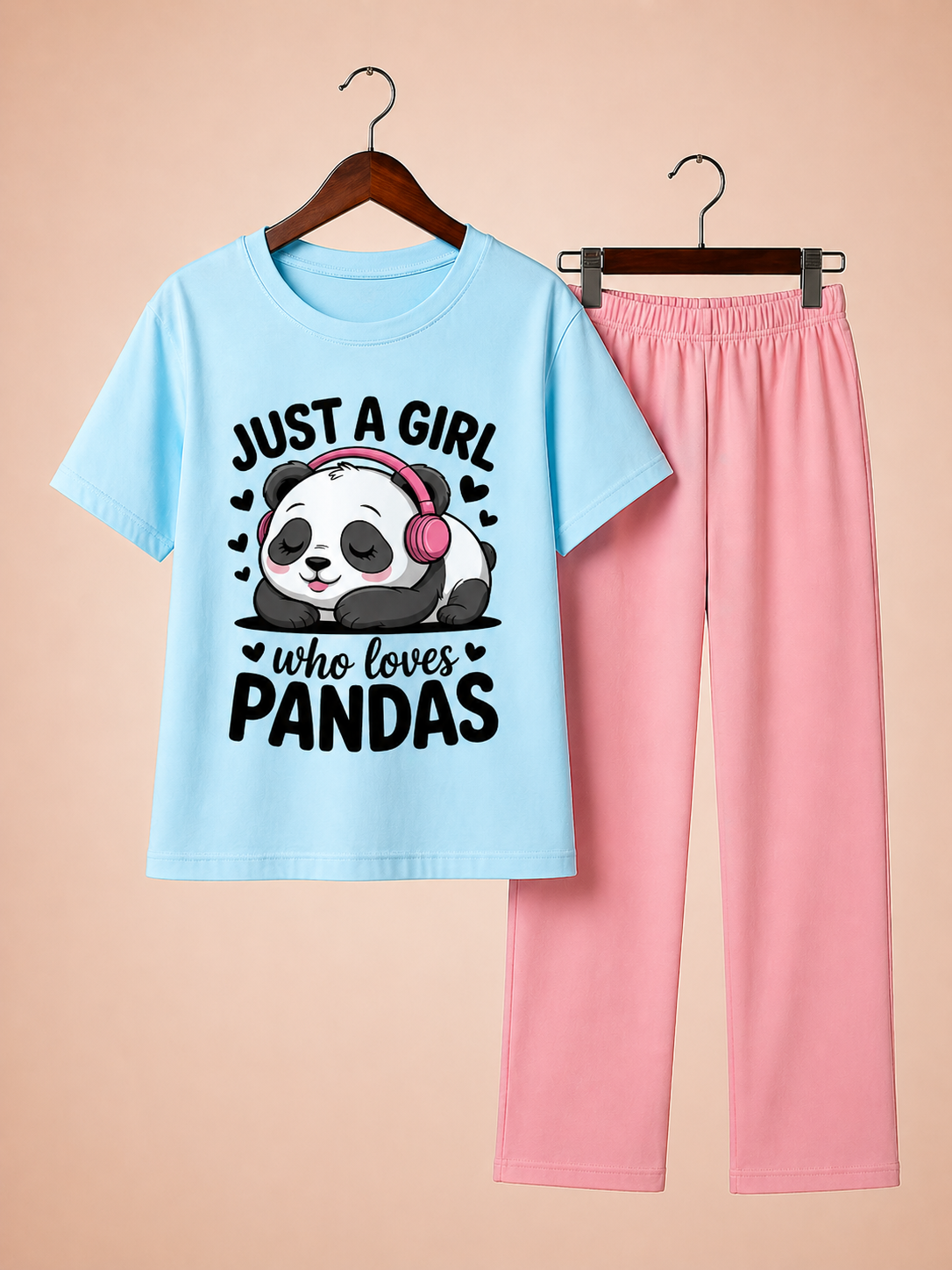 Panda Girl Trouser Set Sky Blue/Piink