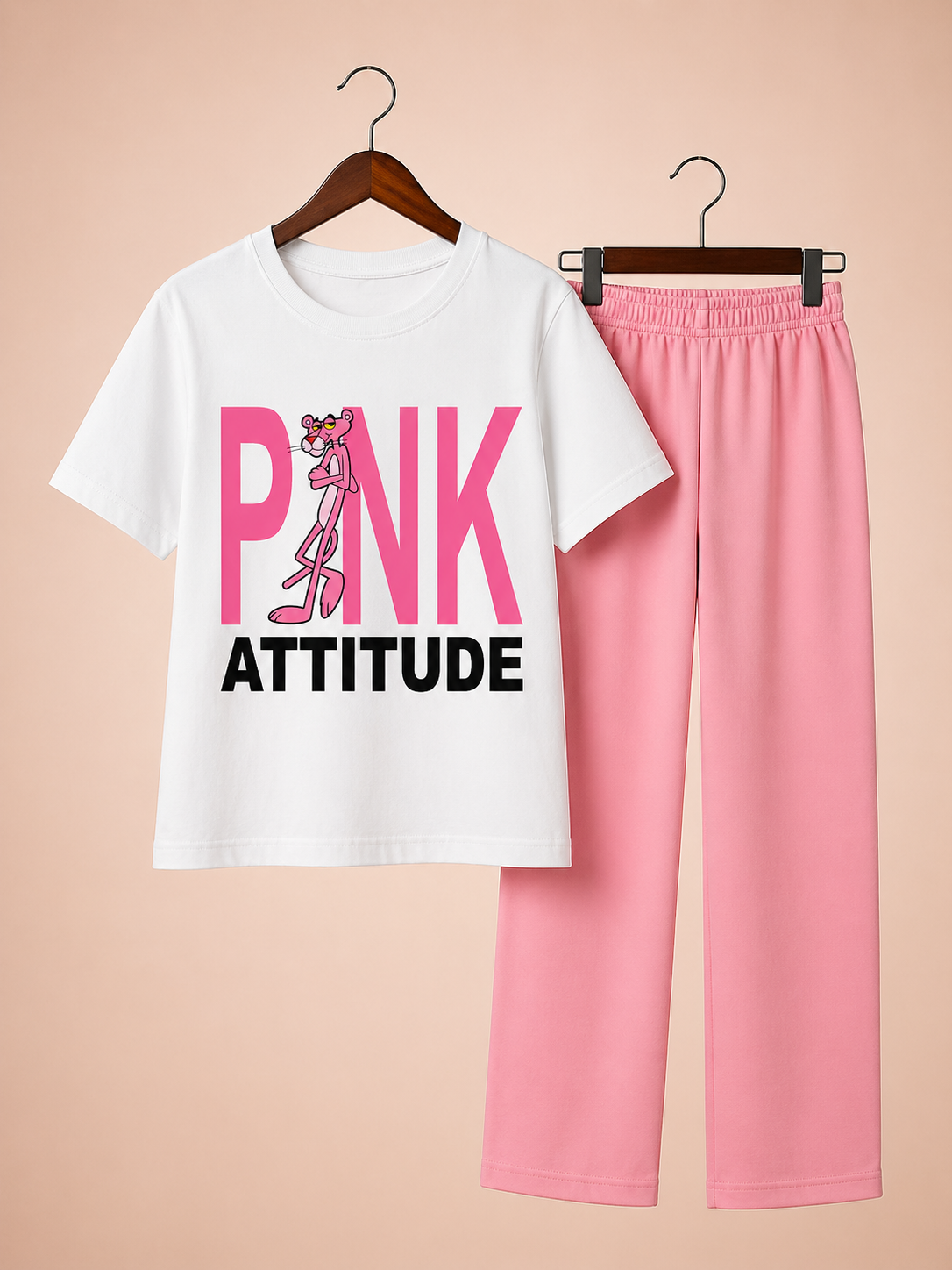 Pink Atitude Girls Cotton jersey Trouser Set White/Pink