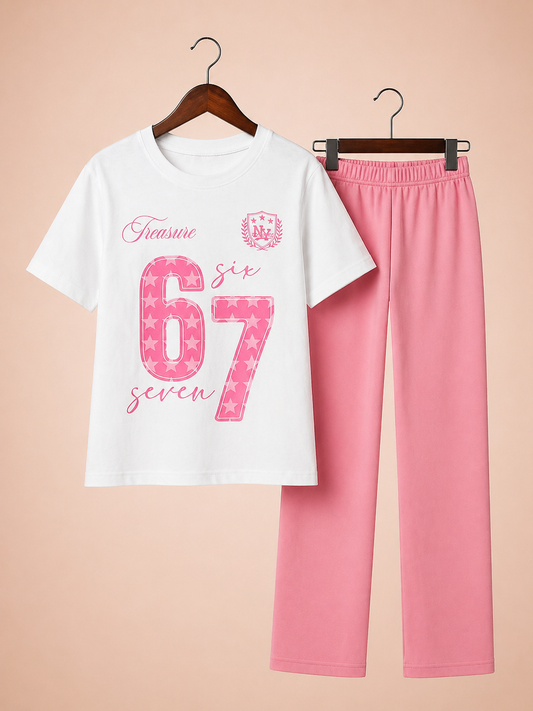 Six Seven Girls Cotton jersey Trouser Set White/Pink
