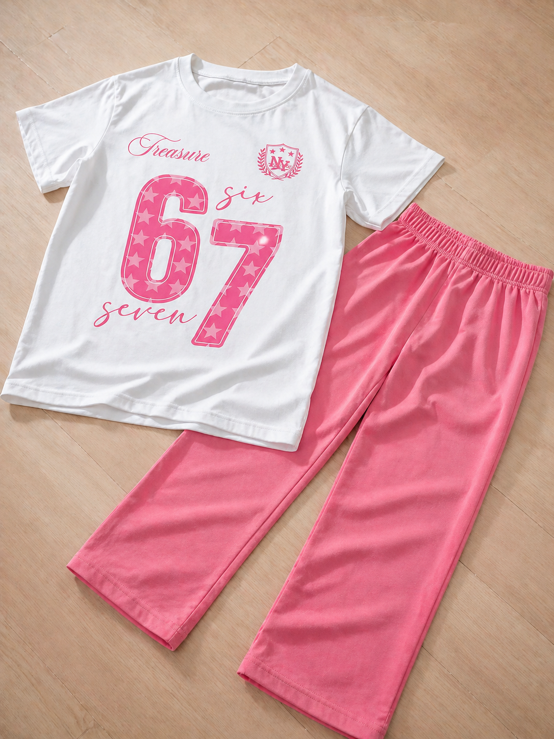 Six Seven Girls Cotton jersey Trouser Set White/Pink