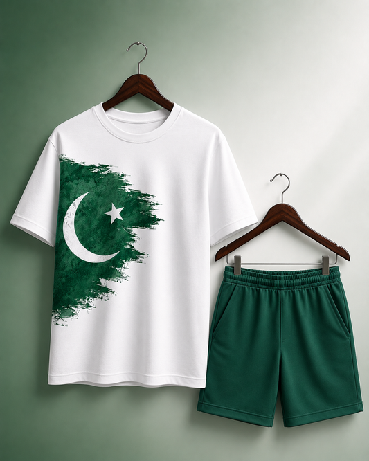 Azadi-14 White Shirt Green Shorts Set