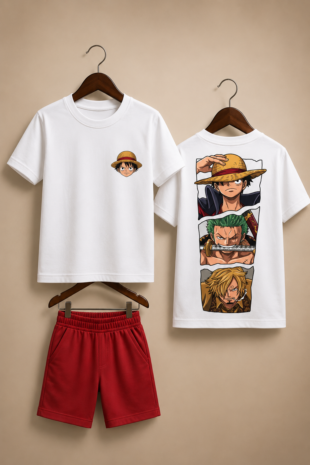 One Piece Characters White Shirt Red Shorts Set