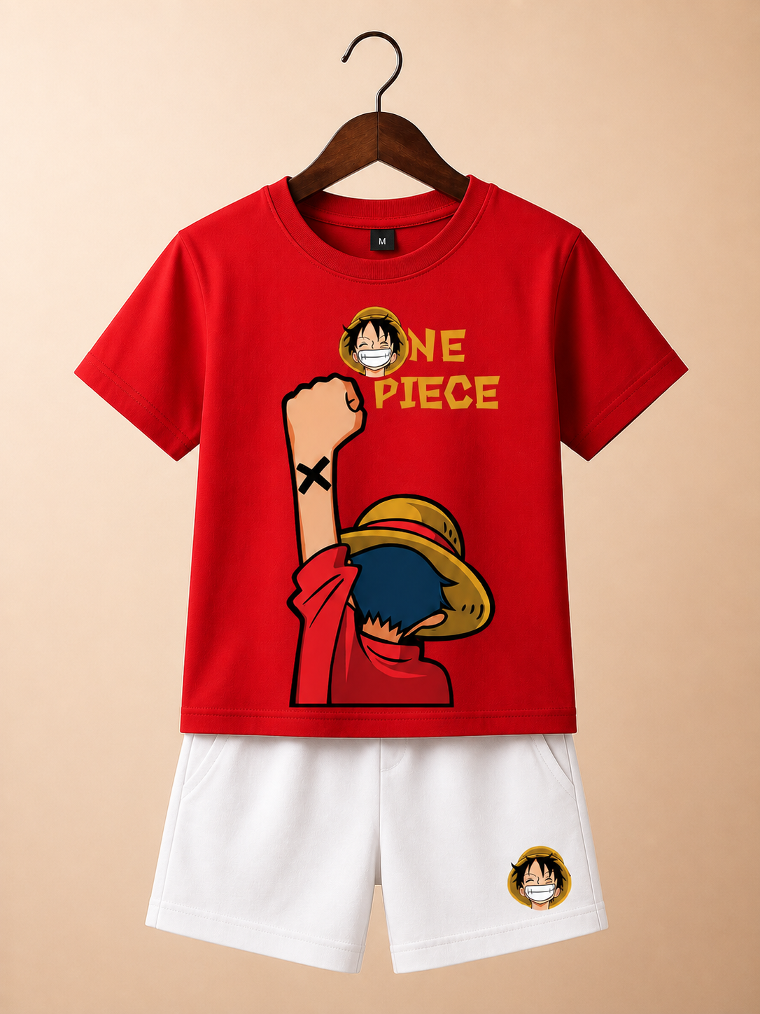One Piece Boys Red shirt White Shorts Set
