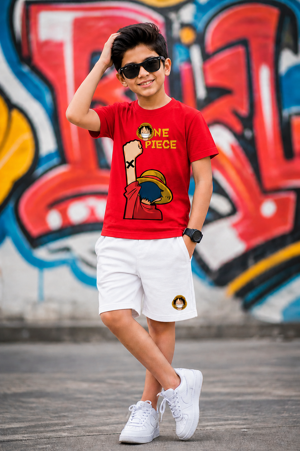 One Piece Boys Red shirt White Shorts Set