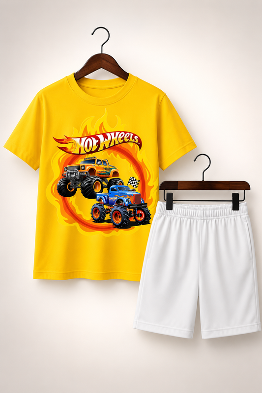 Hot Wheels Yellow Shirt White Shorts Set