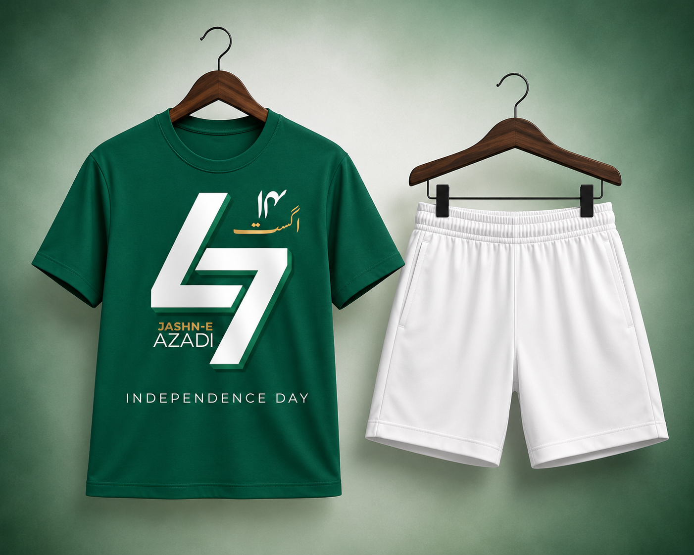 Azadi-6 Green Shirt White Shorts Set
