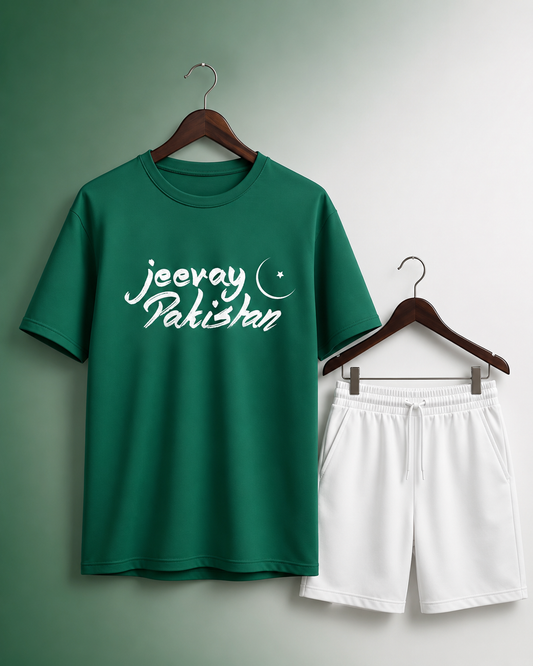 Azadi-13 Green Shirt White Shorts Set
