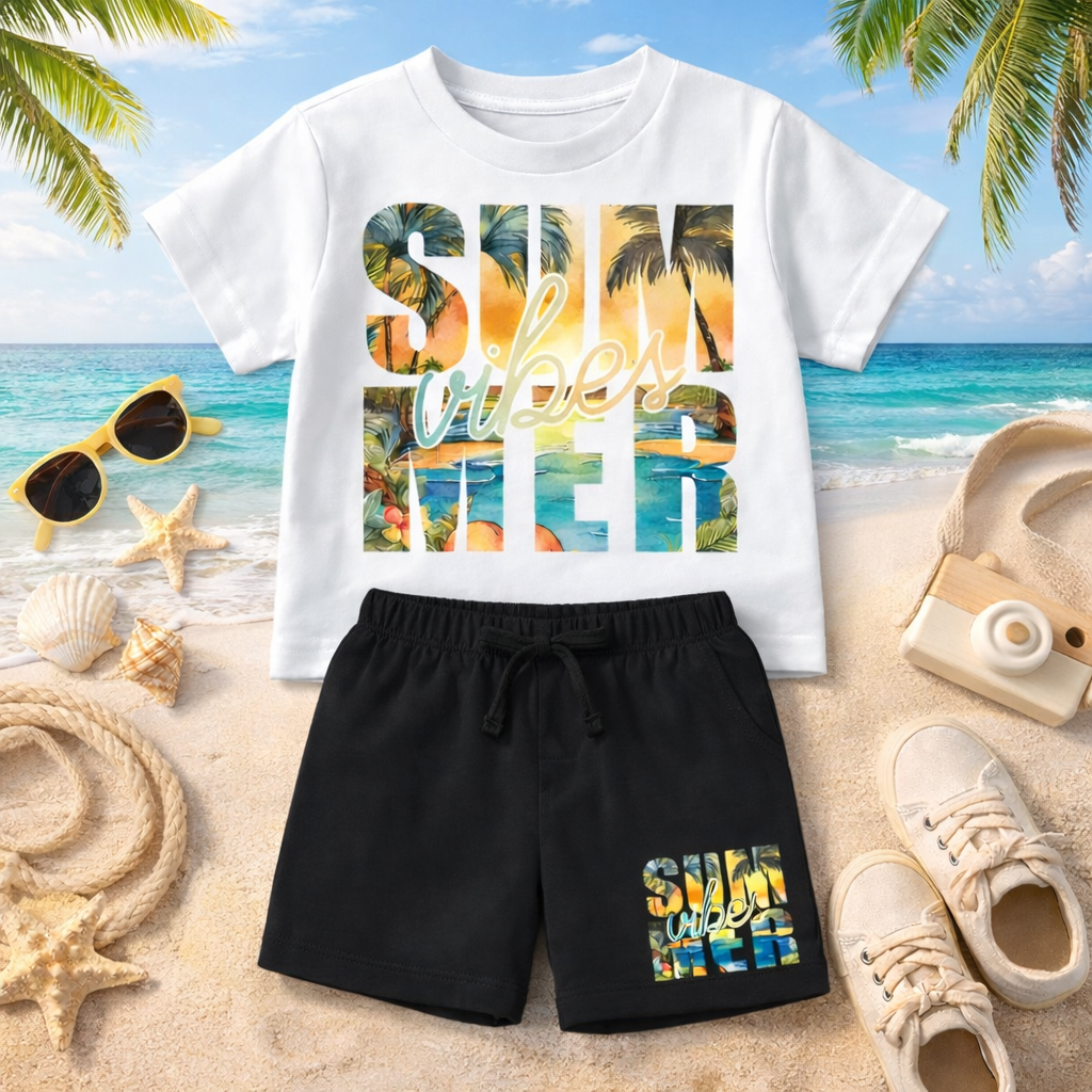 Summer Vibes Boys White & Black Short Set
