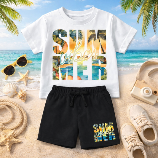 Summer Vibes Boys White & Black Short Set
