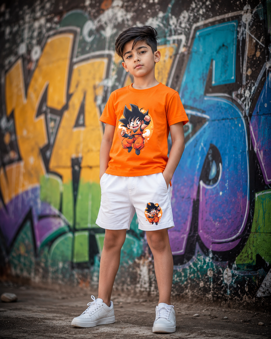 Goku Fire Boys Orange White Shorts Set